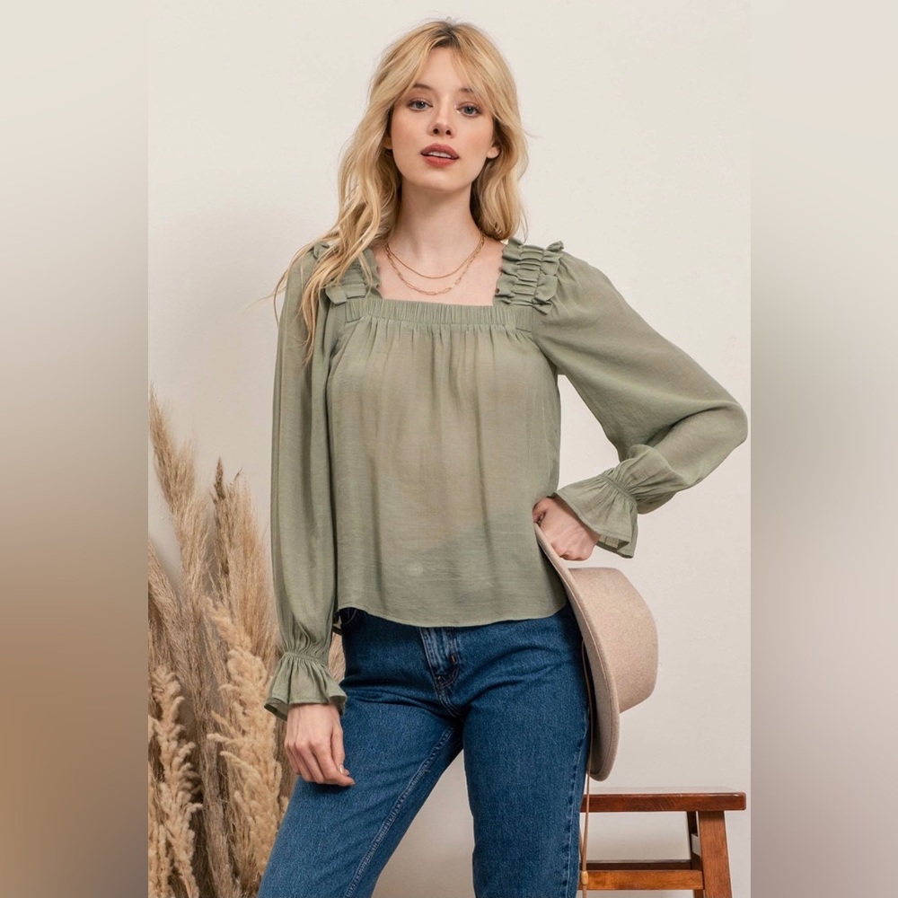 T82-Ruffle Square Neck Blouse-Olive